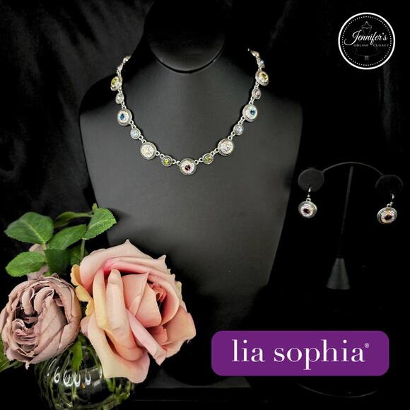 Lia Sophia "Pretty Please" Colorama Silver Cut Crystal Earring & Necklace Set - Picture 1 of 14